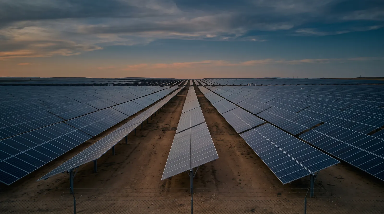 Filas de paneles solares en perspectiva sobre una llanura de tierra ocre al atardecer, con un vallado bajo en primer plano.